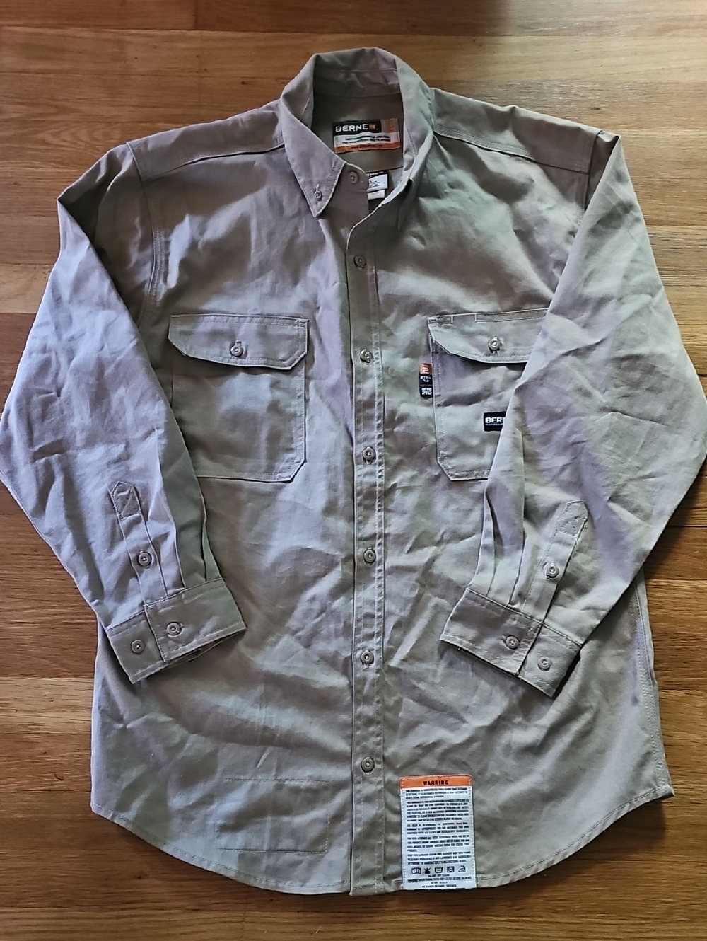Berne Flame-Resistant Button Down Long Slv Work Shirt Khaki Men's Large 44-46